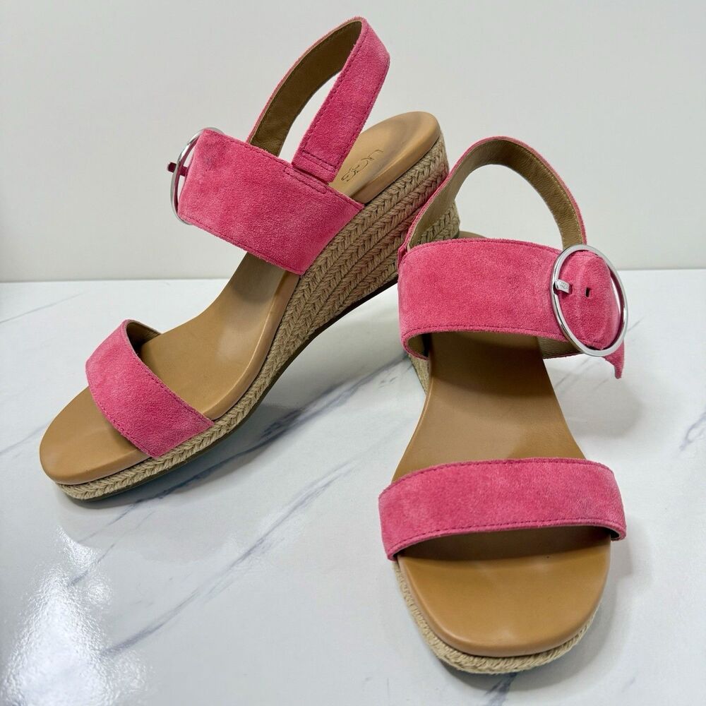 UGG Navee Suede Ankle Strap Wedges Bright Hot Pink Sandals Espadrilles Size 9.5 - Picture 2 of 8